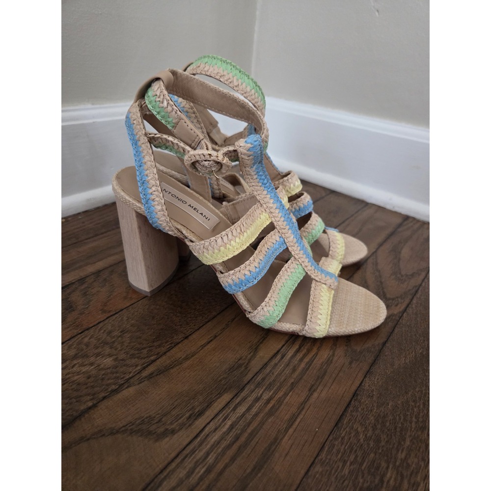 Antonio Melani Gwindolin Raffia T Strap Dress Block Heeled Sandals Womens 8m
